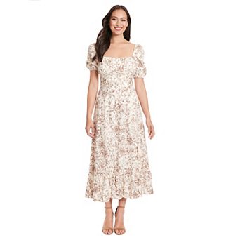 Women's London Times Floral Squareneck Puff Sleeve Empire Waist Midi Dress