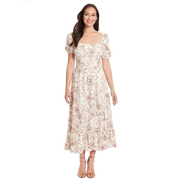 London Times Women's Tulip Sleeve Ruched Empire Smocked Back Midi Dress, 12