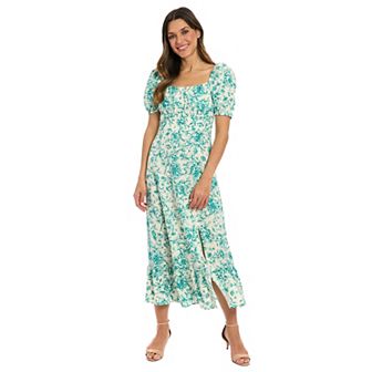 Women's London Times Floral Squareneck Puff Sleeve Empire Waist Midi Dress
