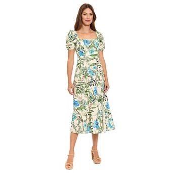 Women's London Times Floral Squareneck Puff Sleeve Empire Waist Midi Dress