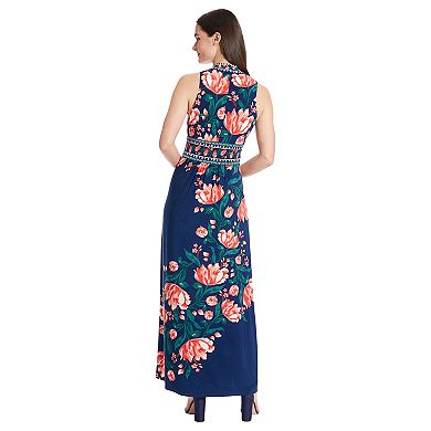 Women's London Times Floral Print Sleeveless V-Neck Flowy Maxi Dress