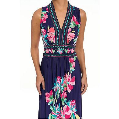 Women's London Times Floral Print Sleeveless V-Neck Flowy Maxi Dress