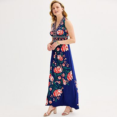 Women's London Times Floral Print Sleeveless V-Neck Flowy Maxi Dress