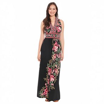Women's London Times Floral Print Sleeveless V-Neck Flowy Maxi Dress