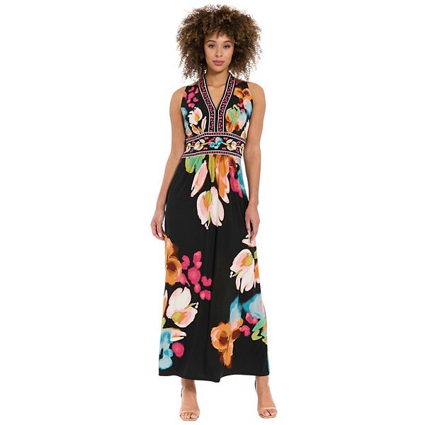 Женские платья London Women's London Times Floral Print Sleeveless V-Neck Flowy Maxi Dress — фото 1