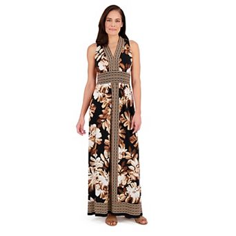 Women's London Times Floral Print Sleeveless V-Neck Flowy Maxi Dress