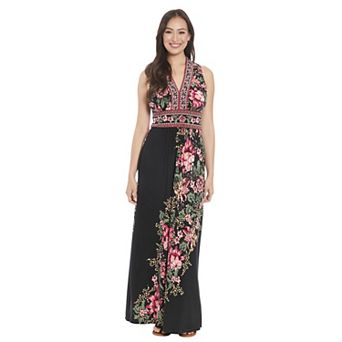 Women's London Times Floral Print Sleeveless V-Neck Flowy Maxi Dress