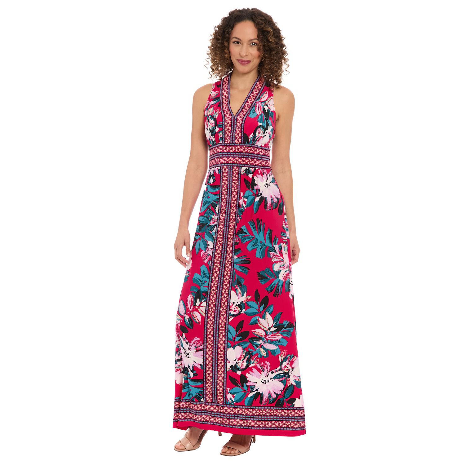 green emerald velvet dress London Times Plus Size Border-Print V-Neck Maxi Dress - Navy Green