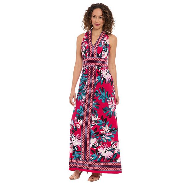 Women's London Times Floral Print Sleeveless V-Neck Flowy Maxi Dress - Fuchsia (8)