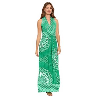 Women's London Times Floral Print Sleeveless V-Neck Flowy Maxi Dress