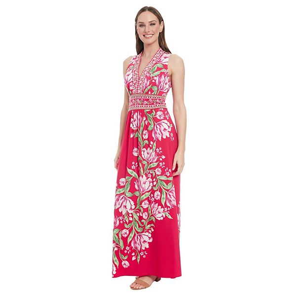 Women's London Times Floral Print Sleeveless V-Neck Flowy Maxi Dress - Hot Pink (10)