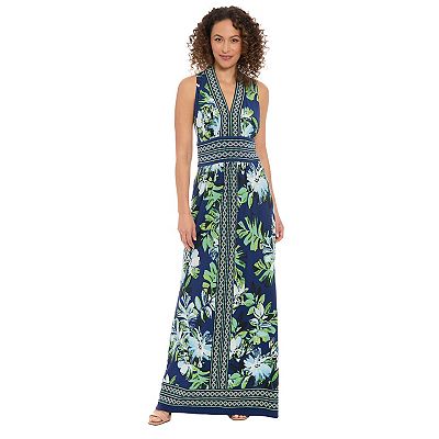 Women's London Times Floral Print Sleeveless V-Neck Flowy Maxi Dress, Size: 16, Navy Green
