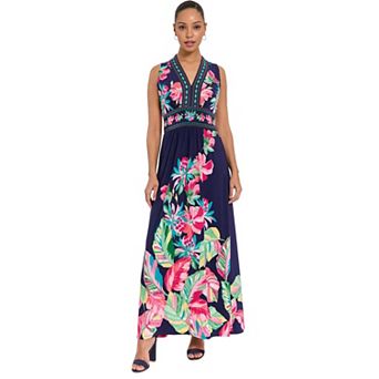 Women's London Times Floral Print Sleeveless V-Neck Flowy Maxi Dress