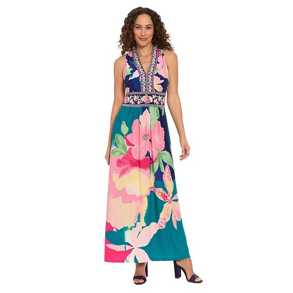 Women's London Times Floral Print Sleeveless V-Neck Flowy Maxi Dress - Navy Pink (4)