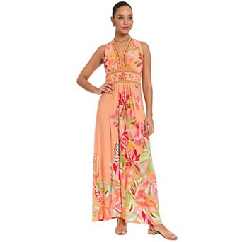 Women's London Times Floral Print Sleeveless V-Neck Flowy Maxi Dress