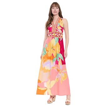 Women's London Times Floral Print Sleeveless V-Neck Flowy Maxi Dress