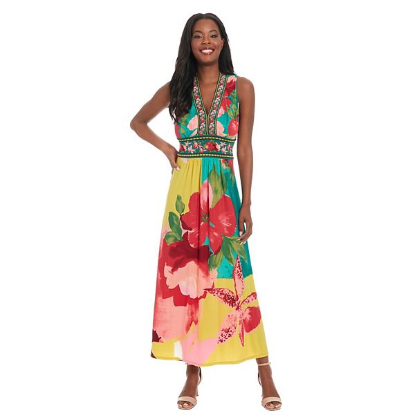Women's London Times Floral Print Sleeveless V-Neck Flowy Maxi Dress - Pink Gold (10)
