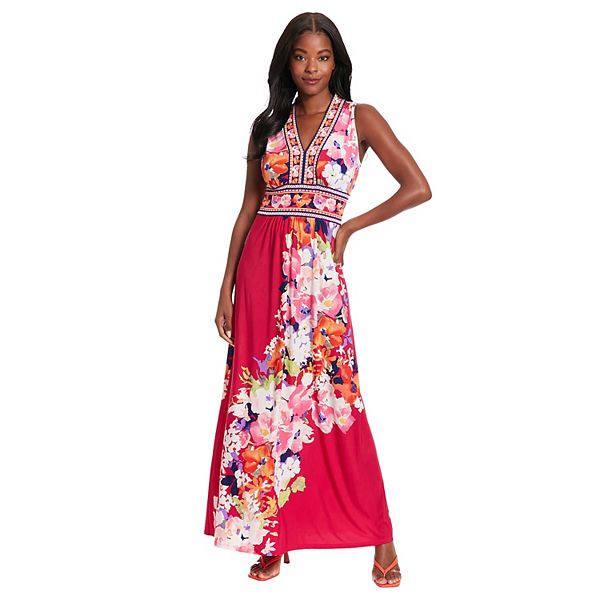 Womens London Times Floral Print Sleeveless V Neck Flowy Maxi Dress 9330