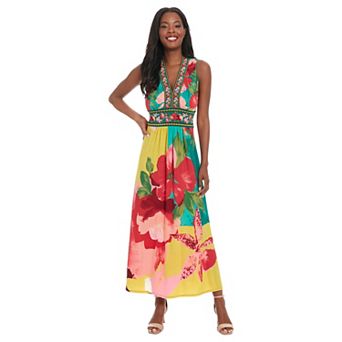 Women's London Times Floral Print Sleeveless V-Neck Flowy Maxi Dress