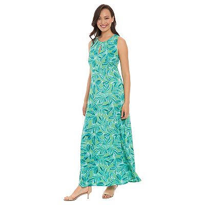 Women's London Times Falling Leaves Print Keyhole Neck Pleated Maxi Dress
