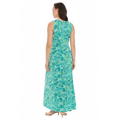 Women's London Times Falling Leaves Print Keyhole Neck Pleated Maxi Dress