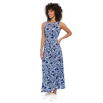 Women's London Times Falling Leaves Print Keyhole Neck Pleated Maxi Dress