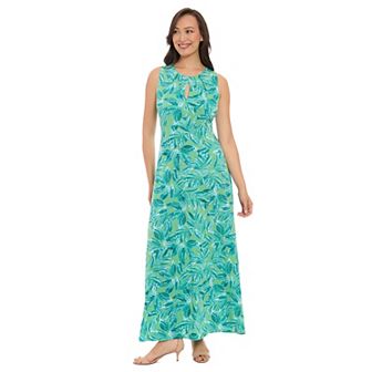 Women's London Times Falling Leaves Print Keyhole Neck Pleated Maxi Dress