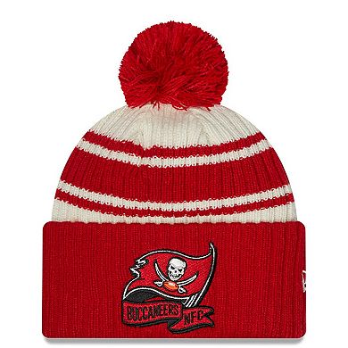 Men's New Era Cream/Red Tampa Bay Buccaneers 2022 Sideline Sport Cuffed Pom Knit Hat