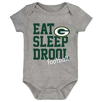 Newborn & Infant Green/Gold/Heather Gray Green Bay Packers Three-Pack Eat, Sleep & Drool Retro Bodysuit Set
