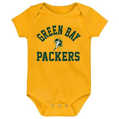 Newborn & Infant Green/Gold/Heather Gray Green Bay Packers Three-Pack Eat, Sleep & Drool Retro Bodysuit Set