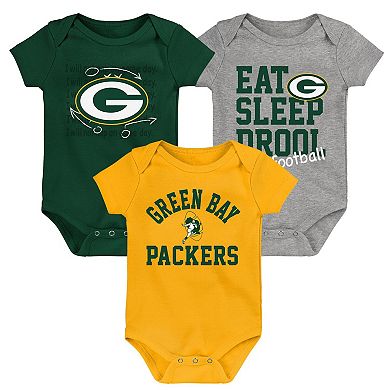 Newborn & Infant Green/Gold/Heather Gray Green Bay Packers Three-Pack Eat, Sleep & Drool Retro Bodysuit Set