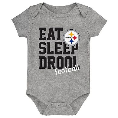 Newborn & Infant Black/Gold/Heather Gray Pittsburgh Steelers Three-Pack Eat, Sleep & Drool Retro Bodysuit Set