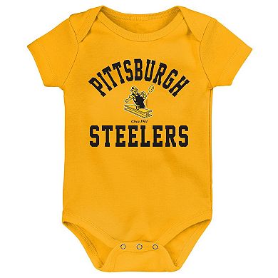 Newborn & Infant Black/Gold/Heather Gray Pittsburgh Steelers Three-Pack Eat, Sleep & Drool Retro Bodysuit Set