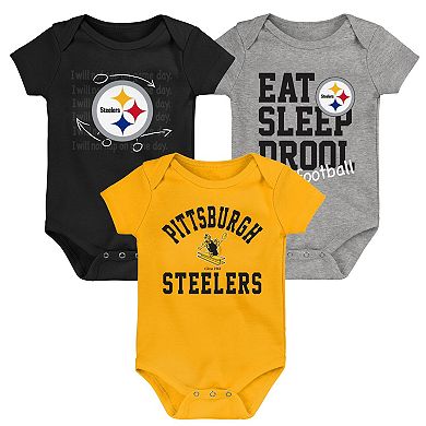 Newborn & Infant Black/Gold/Heather Gray Pittsburgh Steelers Three-Pack Eat, Sleep & Drool Retro Bodysuit Set