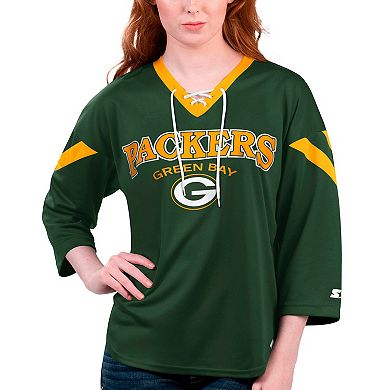 Women's Starter Green Green Bay Packers Rally Lace-Up 3/4 Sleeve T-Shirt