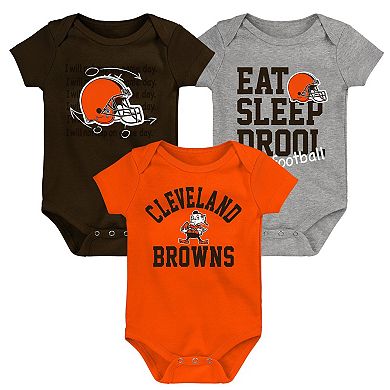 Newborn & Infant Brown/Orange/Heather Gray Cleveland Browns Three-Pack Eat, Sleep & Drool Retro Bodysuit Set