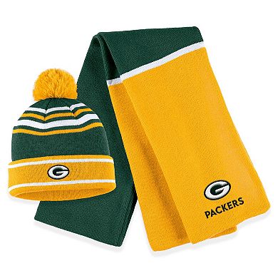 Women's WEAR by Erin Andrews Green Green Bay Packers Colorblock Cuffed Knit Hat with Pom and Scarf Set