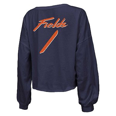 Women's Majestic Threads Justin Fields Navy Chicago Bears Name & Number Off-Shoulder Script Cropped Long Sleeve V-Neck T-Shirt