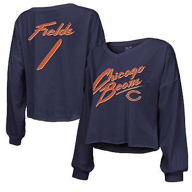 Women's Majestic Threads Justin Fields Navy Chicago Bears Name & Number Off-Shoulder Script Cropped Long Sleeve V-Neck T-Shirt