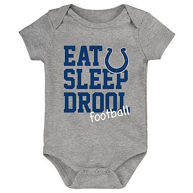 Newborn & Infant Royal/White/Heather Gray Indianapolis Colts Three-Pack Eat, Sleep & Drool Retro Bodysuit Set