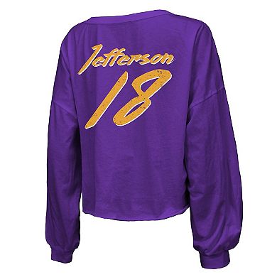 Women's Majestic Threads Justin Jefferson Purple Minnesota Vikings Name & Number Off-Shoulder Script Cropped Long Sleeve V-Neck T-Shirt