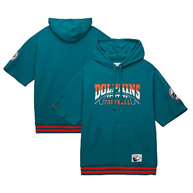 Men's Mitchell & Ness Aqua Miami Dolphins Pre-Game Short Sleeve Pullover Hoodie