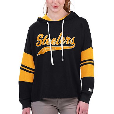 Women's Starter Black Pittsburgh Steelers Bump And Run Long Sleeve Hoodie T-Shirt