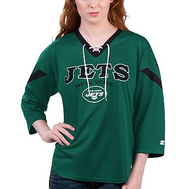 Women's Starter Green New York Jets Rally Lace-Up 3/4 Sleeve T-Shirt
