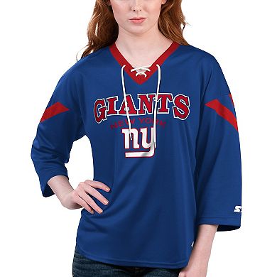 Women's Starter Royal New York Giants Rally Lace-Up 3/4 Sleeve T-Shirt