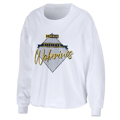 Women's WEAR by Erin Andrews White Michigan Wolverines Diamond Long Sleeve Cropped T-Shirt