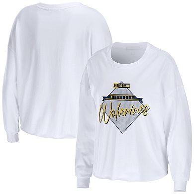 Women's WEAR by Erin Andrews White Michigan Wolverines Diamond Long Sleeve Cropped T-Shirt