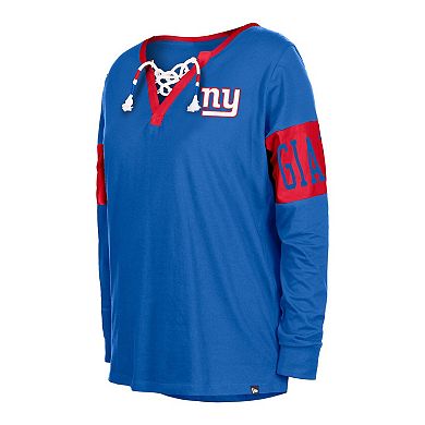 Women's New Era Royal New York Giants Lace-Up Notch Neck Long Sleeve T-Shirt