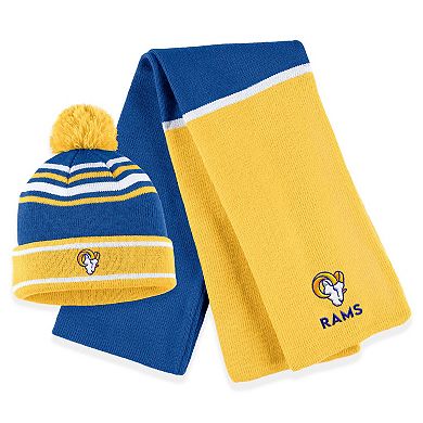 Women's WEAR by Erin Andrews Royal Los Angeles Rams Colorblock Cuffed Knit Hat with Pom and Scarf Set