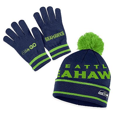 Women's WEAR by Erin Andrews College Navy Seattle Seahawks Double Jacquard Cuffed Knit Hat with Pom and Gloves Set